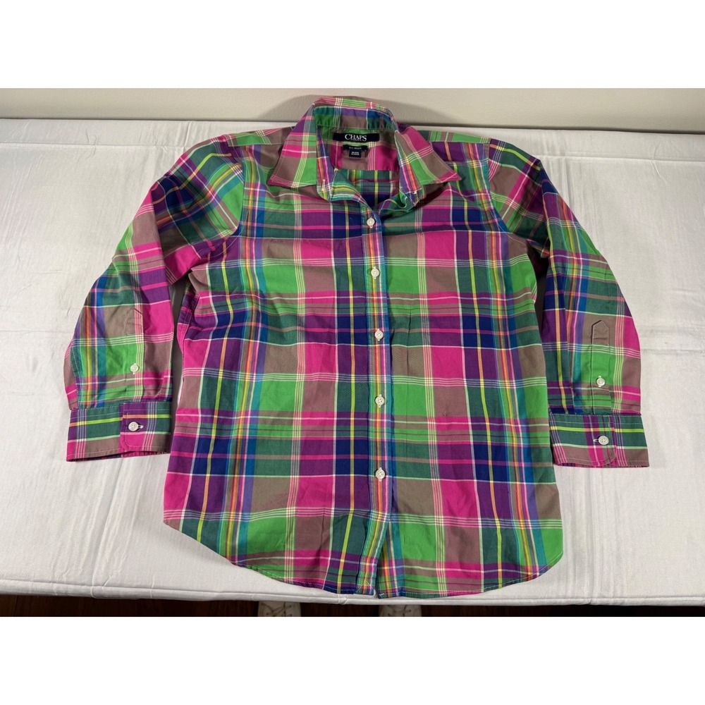 Chaps Petite Womens Pink Green Plaid No Iron Button Down Shirt Size PS 0650